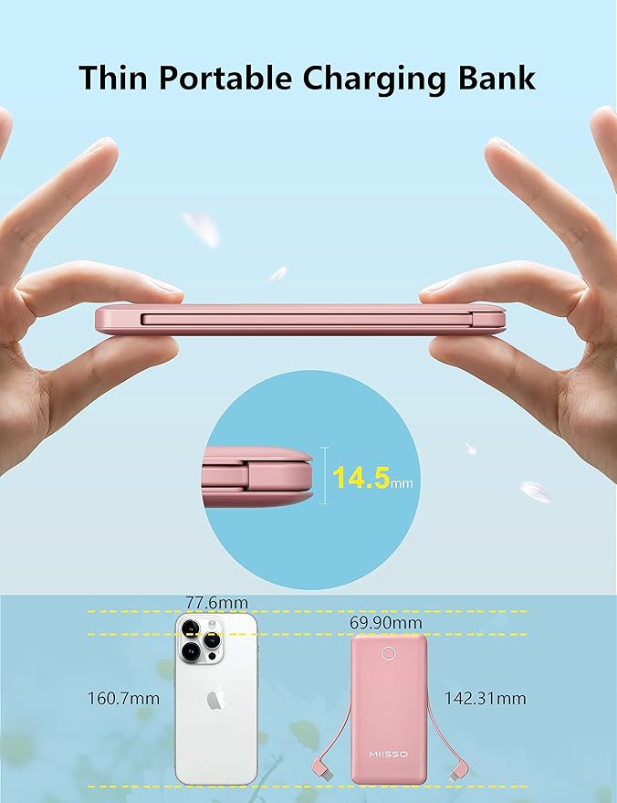 miisso 10000mAh Slim Portable Charger with Built in Cable, Power Bank Travel Charger External Battery Pack for Phone, 4 Output USB Type C Cord Clutch Charger Compatible with iPhone, Light Pink‌