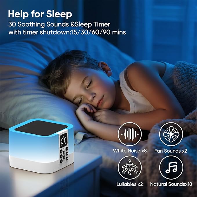 Night Light Bluetooth Speaker, Baby Nursery Night Lamp for Breastfeeding, Alarm Clocks for Kids, 30 Sounds Machine & Sleep Timer, Touch Bedside Lamp, 8 Color Changing, Gifts for Teens Boys
