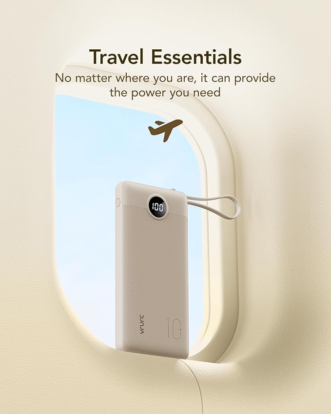 VRURC Portable Charger Power Bank,10000mAh Travel Essentials Battery Pack, 5 Outputs 2 Inputs Slim USB C Charging Bank Built-in Cables Cords Compatible with iPhone,Samsung,Android-Light Coffee(1 Pack)