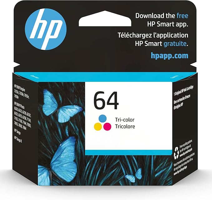 HP 64 Tri-color Ink Cartridge for HP Printers | Works with Printer Series: ENVY Inspire 7950e; ENVY Photo 6200, 7100, 7800; Tango | Eligible for Instant Ink | N9J89AN