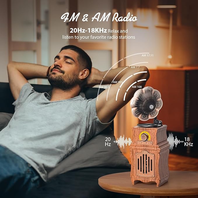 Retro Bluetooth Speaker with FM Radio, Bass, Retro Radio 5.3 Wireless Speaker Vintage Radios Support USB/TF/AUX Player for Home Office Room Outdoor Party, Portable Rechargeable