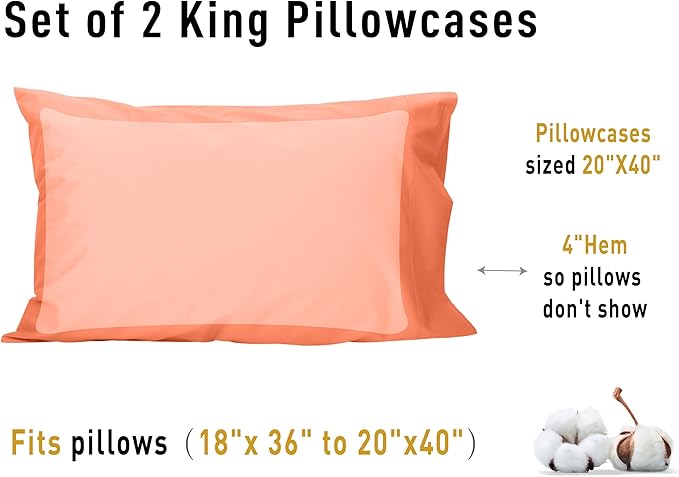 Sunflower King Pillowcases Set of 2, 100% Cotton King Size Pillow Cases 2, 20×40 inches Coral, Soft and Breathable