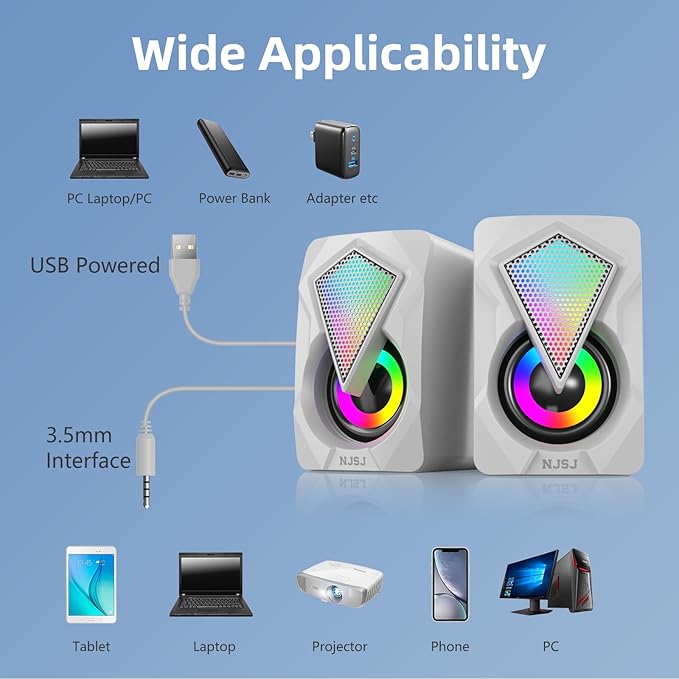 NJSJ Computer Speakers for Desktop, USB-Powered Stereo 2.0 PC Speakers, Portable Small Speaker for Laptop Monitor with 3.5mm Aux Input, Colorful LED Lights - White