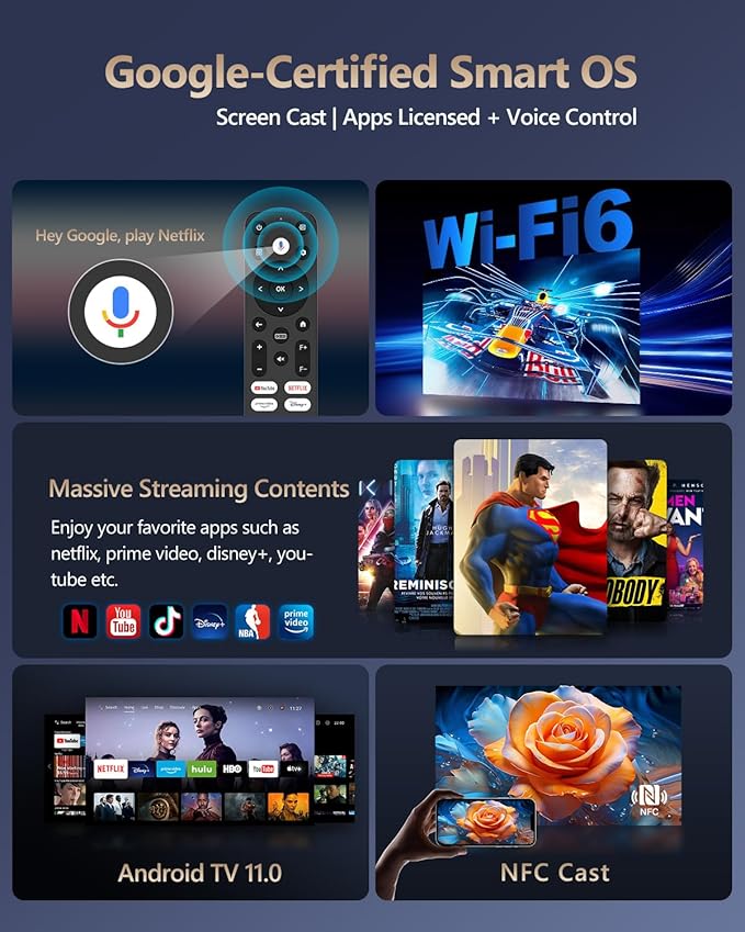 1700ANSI Daytime Projector 4K HDR Home Theater, Smart Daylight Movie Gaming TV Projectors with WiFi 6, Bluetooth, NETFLIX, Apps, ToF Auto Focus, Shorter Throw, HDMI ARC,for Bedroom Indoor Bright Room