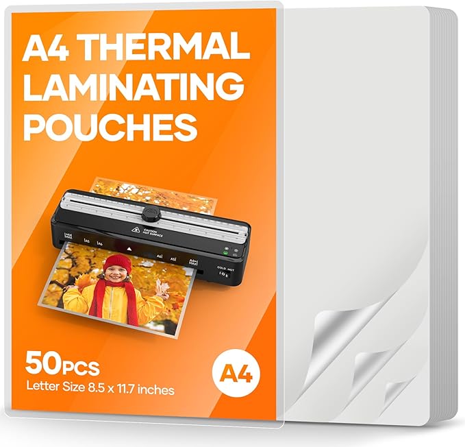 A4 Laminating Pouches, 8.5 x 11.9 Inch (216×303mm) 80 Mic, 50 Pack, Clear Thermal Laminating Sheets for Standard Laminators, Letter, Photo