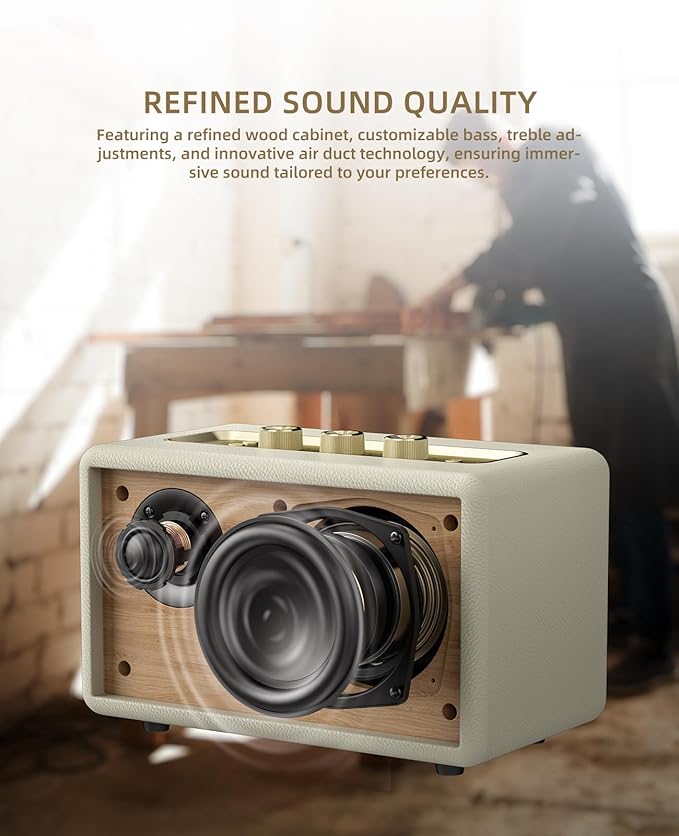 MLOVE A200 Portable Retro Bluetooth Speaker with Aux Input, USB Port, Micro SD Card Slot - Decorative Wireless Bookshelf Speakers for Home & Office, Battery Powered, White and Gold