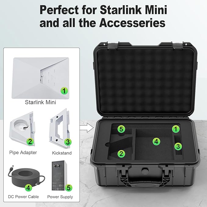 Starlink Mini Case, IP67 Waterproof Hard Case Precision Cut Foam For Starlink Mini, Kickstand, Pipe Adapter, Power Supply, Cables, Outdoor, Travel, Camping