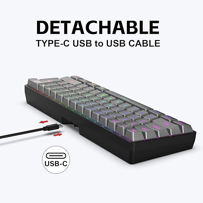 Snpurdiri 60% Wired Gaming Keyboard, RGB Backlit Ultra-Compact 61 Keys 60 Percent Mini Gaming Keyboard for PC/Mac Gamer, Typist, Travel, Easy to Carry on Business Trip(Iron Grey)