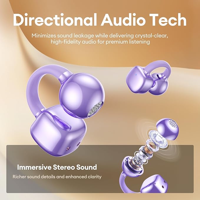 PAXA Clip On Earbuds, Clipbuds7 Open Ear Earbuds Wireless Bluetooth 5.4 with LED Display, Auto L-R Ear Recognition and Touch Control, Ultra-Light 4.5g Fit Comfort for Sports Fitness Daily Use, Purple