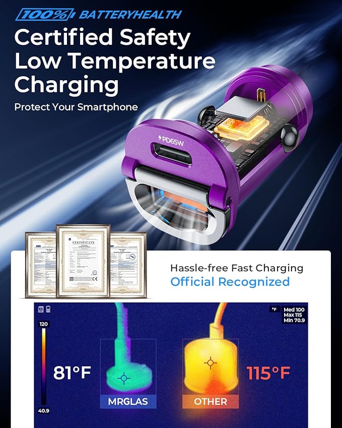 【Upgraded】 125W USB C Car Charger Super Fast Charging for iPhone 16, [PD65W & QC60W][All Metal] MRGLAS Cigarette Lighter Car Charger,Dual Port for iPhone 16 15 Pro iPad Samsung S25/S24 MacBook-Purple