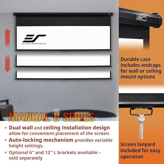 Elite Screens Manual Pull Down Projector Screen 110-INCH Home Movie Cinema Gaming Office Presentation, ISF Certified, Auto-Lock Mechanism, 4K / 8K 3D Ultra HDR HD Ready, M110H