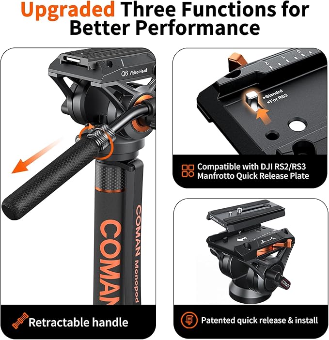 Monopod for Camera, COMAN Camera Monopod with Feet Q6 Fluid Head with Tripod Stand 70.6 inch Max Load 22 Lbs for Photography, Cameras, Canon, Nikon, Sony, DSLR, Video Camcorder