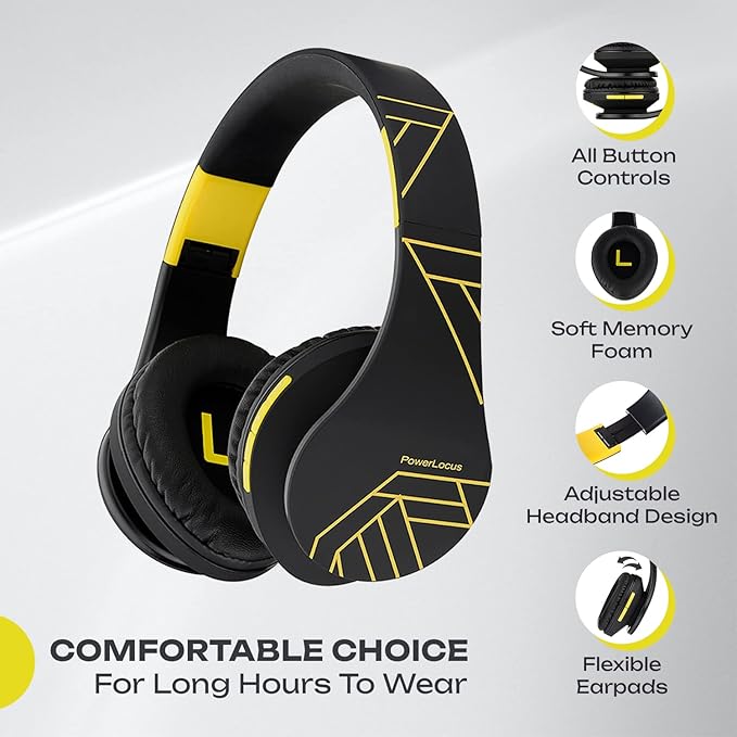 PowerLocus Bluetooth Over-Ear Headphones, Wireless Stereo Foldable Headphones Wireless and Wired Headsets with Built-in Mic, Micro SD/TF, FM for iPhone/Samsung/iPad/PC (Black/Yellow)
