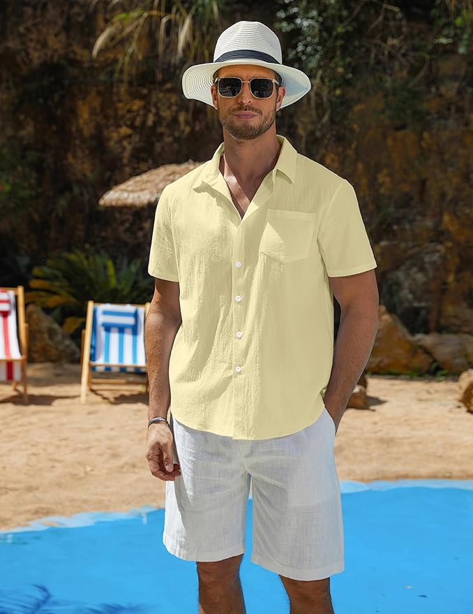 Vssjavun Mens Short Sleeve Button Down Shirts Casual Cotton Shirt Summer Beach Tops with Pocket