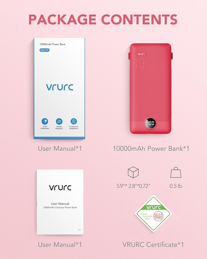 Portable Charger Built-in Cables and AC Wall Plug, VRURC USB C Power Bank 10000mAh, Travel Battery Portable Phone Charger Compact Lightweight External Battery Pack for SmartPhones,Tablets-Viva Magenta