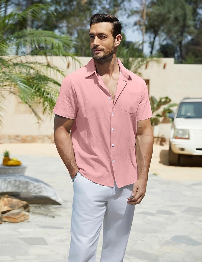 Vssjavun Mens Short Sleeve Button Down Shirts Casual Cotton Shirt Summer Beach Tops with Pocket