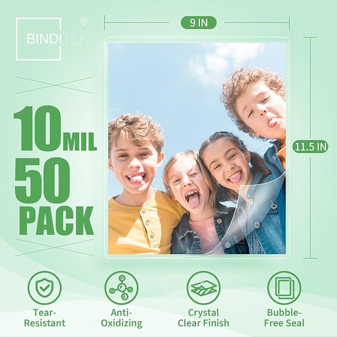 Binditek 50 Pack 10 Mil Thermal Laminating Pouches, 9x11.5 Inches Laminating Sheets, for Letter Size, Ultra Clear, Glossy, Hold 8.5x11 Inches, Heat Seal, School Office Supplies