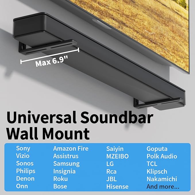 suptek Universal Soundbar Wall Mount Shelf – Wall Mount Bracket for Sony, Samsung, Vizio, LG, Sonos Sound Bars – Under TV Mounting, Space-Saving Design (SBR001GDLB)