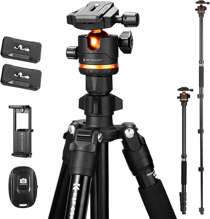 K&F CONCEPT 76" Camera Tripod, Travel Tripod for Camera with 360° Ball Head & Phone Holder, Max Load 17.6lbs, Detachable Monopod, Compact Tripod for DSLR/Smartphone Photography