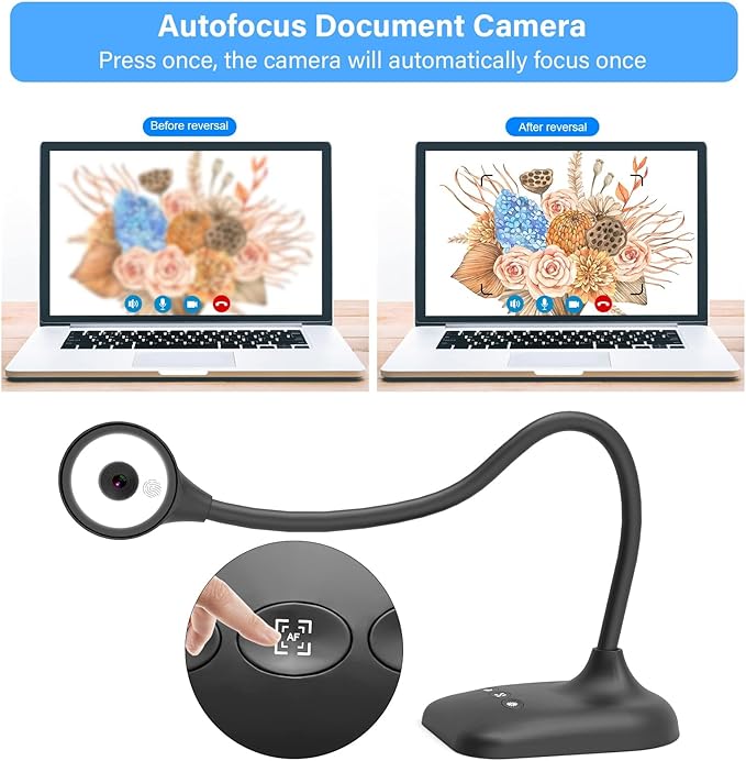 Document Camera for Teachers, Webcam and Overhead Camera for Classroom with Mic, LED Lights, Image Invert, Fold for Mac OS, Windows, Zoom, OBS Work with Distance Learning/Teaching, Live Demo
