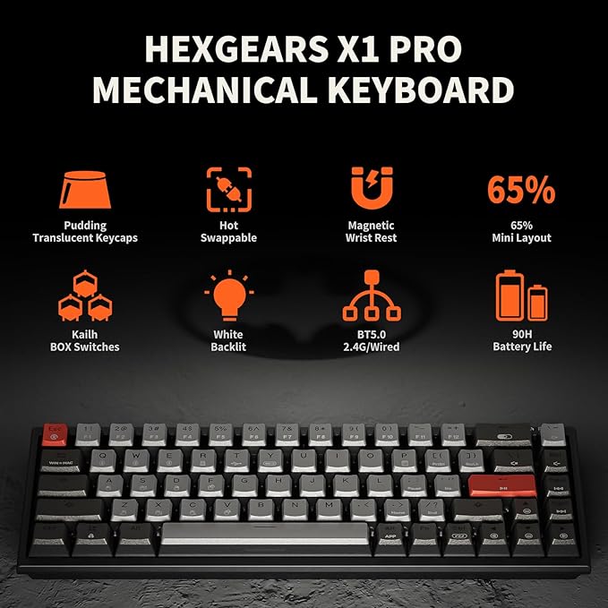 Hexgears X1 Pro Wireless Mechanica Keyboard, Hot-swappable Tactile Switch Gaming Keyboard Bluetooth/2.4G/USB-C 65% Mini Compact with Wrist Rest - Blakc/Gray