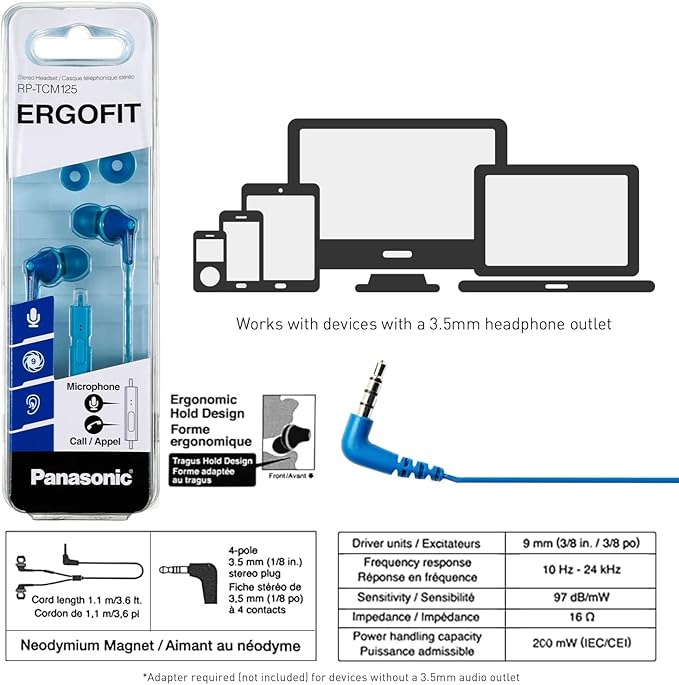 Panasonic ErgoFit Wired Earbuds With Microphone, 3.5mm Jack Wired Headphones with Mic and Call Controller, Ergonomic Custom-Fit Earpieces (S/M/L), for Phones and Laptops - RP-TCM125-A (Blue)