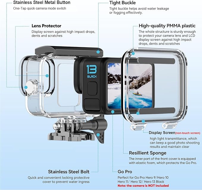 BO&DQQ Protective Waterproof Case Compatible for Go Pro Hero 13 12 11 10 9 Black, 60M/196FT Underwater Diving Housing Shell Accessories Kit