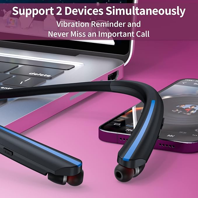 Bluetooth Retractable Headphones Wireless Neckband Headset with Sweatproof Stereo Earbuds for Running/Sports/Driving/Workouts (Black Blue)