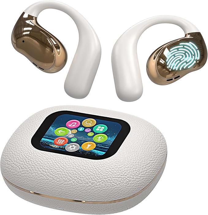 Open Ear Earbuds Ultra Comfort Wireless Bluetooth 5.4 Headphones Over The Ear Earbuds with Intelligent Touch Screen EarHooks IPX7 Waterproof Bone Conduction Earphones for Fitness Sports-OFF WHITE