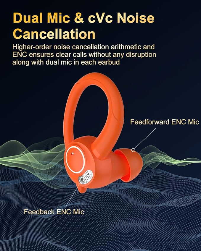 Wireless Earbuds, Bluetooth 5.4 Headphones Sport, Over Ear Buds With ENC Noise Cancelling Mic, 48H, Wireless Earphone With Earhooks, Stereo Deep Bass, IP7 Waterproof ear bud for Workout Running,Orange