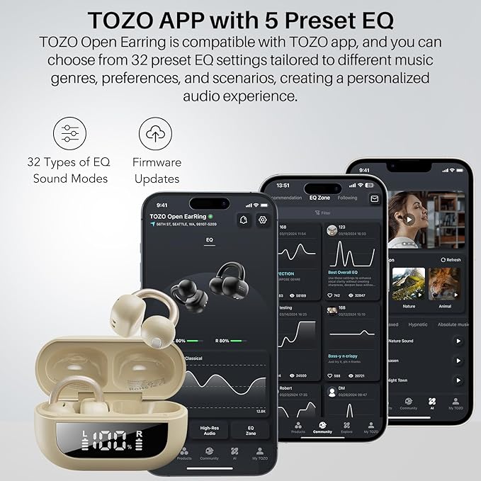 TOZO OpenEarRing True Open Ear Headphones, Lightweight Comfort Open Ear Clip Wireless Earbuds, 40H Play Bluetooth 5.4 Headphones with Smart Digital Display Design Fit Sports Running, Workout Khaki