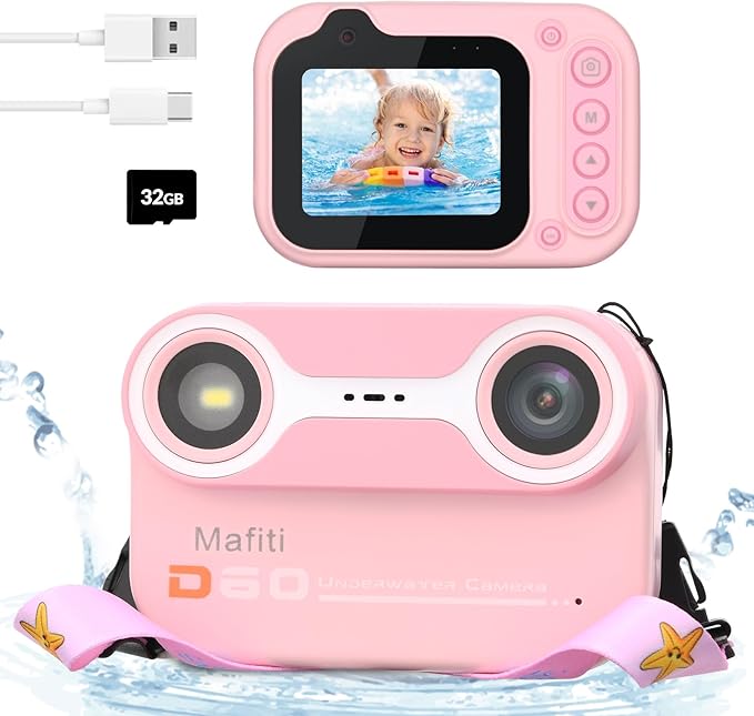 Mafiti Kids Waterproof Camera Underwater Camera 10FT with 32GB Card Floatable Pool Toys for Kids Age 4-12 26MP Photos 1080P HD Videos Children Selfie Digital Camera Pink