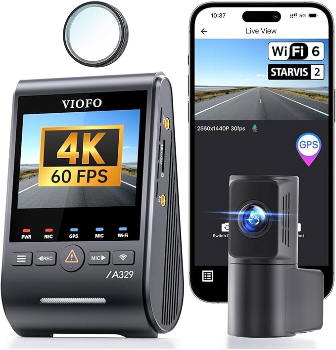 VIOFO A329S 4K 60FPS Dash Cam Front and Rear, 4K+2K Dual Dash Camera for Cars, Power Saving Parking Mode, Wi-Fi 6 App Control, Dual STARVIS 2 Sensors, Supports up to 4TB SSD or 512GB microSD Card