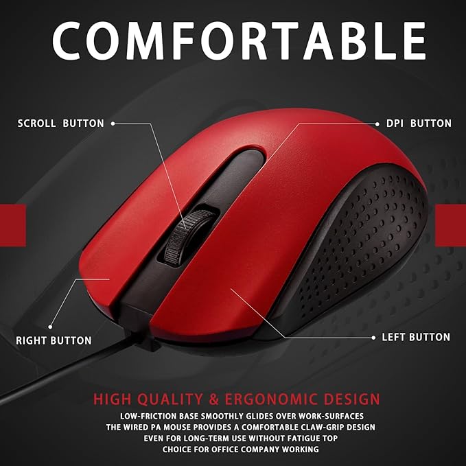 Bonuci 30 Pcs USB Wired Mouse Computer 3 Button Mice Bulk Corded USB Mouse for PC Desktop Laptop Computer Office School Home Classroom Supplies (Red)