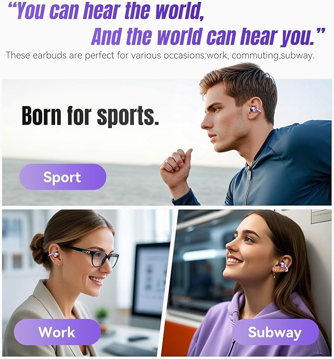 King Lucky Clip on Earbuds Open Ear Wireless Bluetooth 5.4 Headphones with Mic, 50H Play, Noise Cancelling, Waterproof, Comfortable for Small Ears & Glasses Wearers, Sports, Workouts, Purple