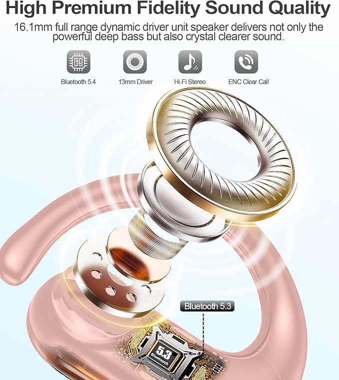 MOZOTER Wireless Earbuds Bluetooth Headphones Sport,Over Ear Buds with Deep Bass Sound,60Hrs Playtime Earphones Redesigned Comfort Fit with Earhooks for Running,Meeting,Workout- Pure Pink