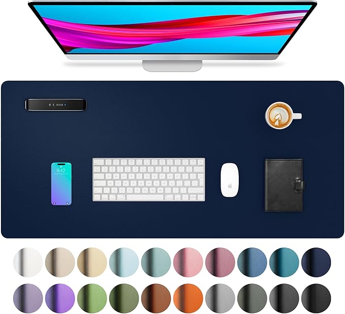 Aothia Leather Desk Pad Protector, Mouse Pad, Office Desk Mat, Non-Slip PU Leather Desk Blotter, Laptop Desk Pad, Waterproof Desk Writing Pad for Office and Home(Dark Blue,31.5" x 15.7")