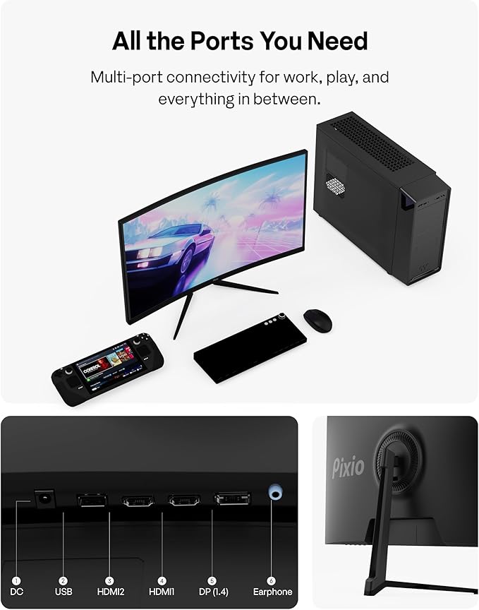 Pixio PXC278 Wave 27 inch 180Hz Refresh Rate QHD 1440p Resolution 1650R Curved Fast VA Panel 1ms GTG Response Time Adaptive Sync HDR Curved Gaming Monitor