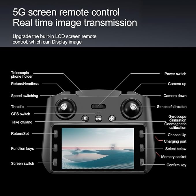 Drones with Camera for Adults 4K, GPS UHD Drone, 5G Remote Controller with Screen, One Key Return, Dual Camere, 3rd Gear Speed, Optical Flow Mode and Obstacle Avoidance, Drone for Beginners (Black)