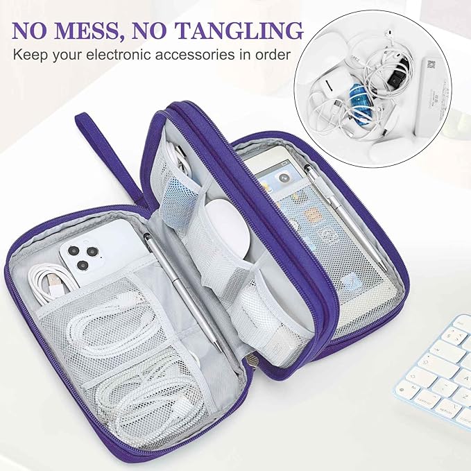 FYY Electronic Organizer, Large Travel Cable Organizer Bag Pouch Electronic Accessories Carry Case Portable Waterproof Double Layers All-in-One Storage Bag for Cable, Cord, Charger, Purple