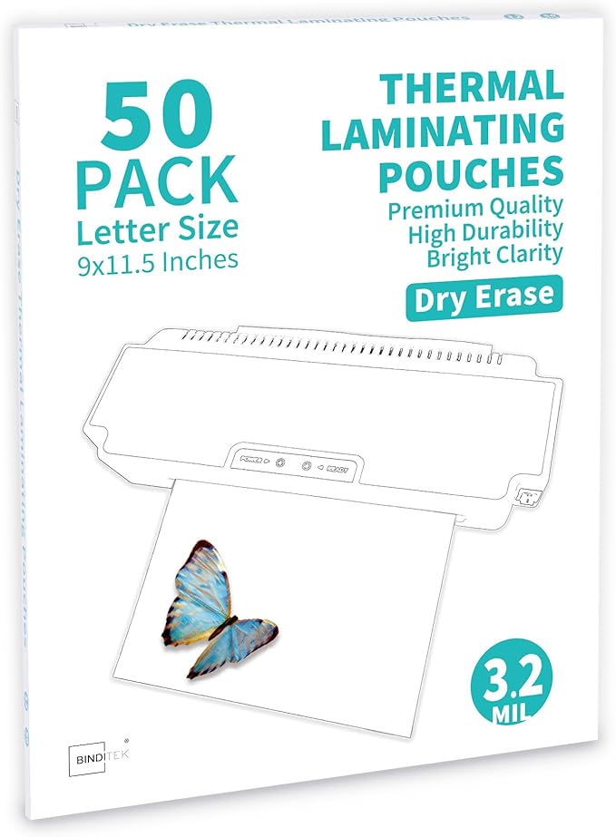 Binditek 50 Pack 3.2 Mil Dry Erase Thermal Laminating Pouches, Dry Erase Compatible, for Letter Size, Heat Seal, Clear Professional Finish, School Office Supplies