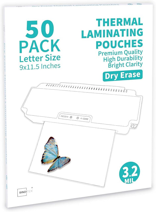 Binditek 50 Pack 3.2 Mil Dry Erase Thermal Laminating Pouches, Dry Erase Compatible, for Letter Size, Heat Seal, Clear Professional Finish, School Office Supplies