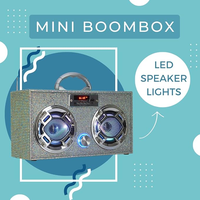 Mini Boombox with LED Speakers – Retro Bluetooth Speaker w/Enhanced FM Radio - Perfect for Home and Outdoor (Iridescent Bling)