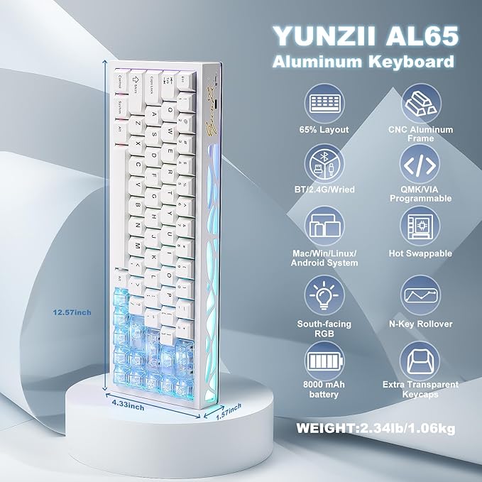 YUNZII AL65 Wireless Mechanical Keyboard, Full Aluminum CNC,Support QMK/VIA Software Gasket Structure,60% Hot Swappable with RGB Backlit BT/2.4G/USB-C for Mac/Windows(White, Gateron Zero)
