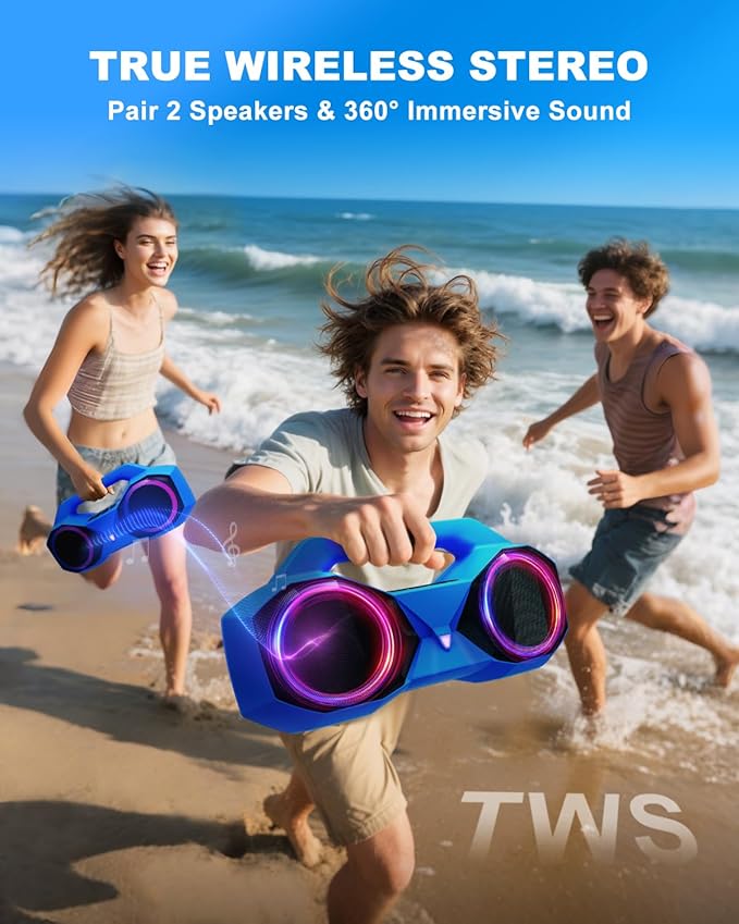 Bluetooth Speaker 80W(Peak)Loud with Bass, 20H Playtime, IPX7 Waterproof, RGB Lights, TWS, Large Portable Wireless Speakers for Outdoor, Home, Party, Pool, Beach, Tailgating, Gym, Work, Gifts (Blue)