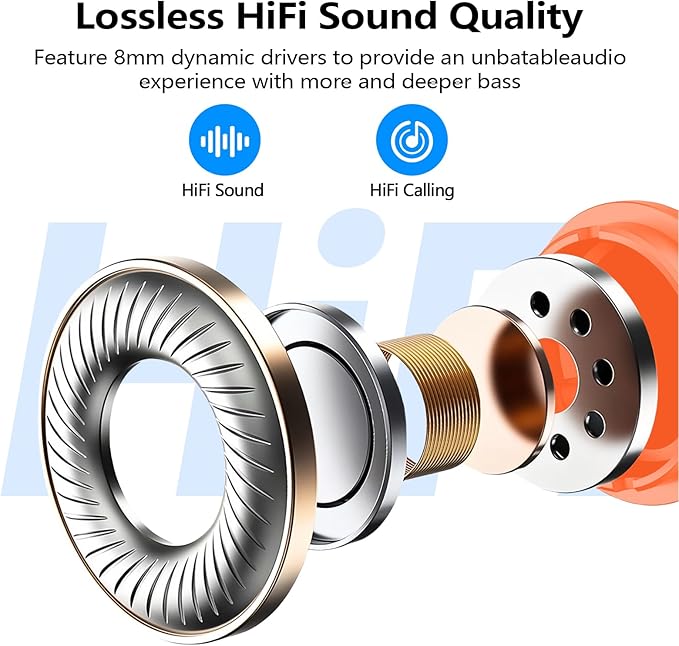 kurdene Wireless Earbuds Bluetooth 5.3 in Ear Buds Light Weight Headphones,Deep Bass Sound,Built in Mics Headset,Clear Calls Earphones for Sports Workout Orange