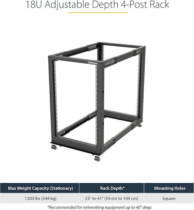 StarTech.com 4-Post 18U Mobile Open Frame Server Rack, 19in Network Rack with Wheels, Rolling Rack for Computer/AV/Data/IT Equipment - Casters, Leveling Feet or Floor Mounting (4POSTRACK18U)