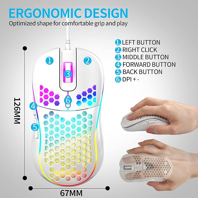 Honeycomb Wired Gaming Mouse with RGB On/Off Switch, 7200 Adjustable DPI, Ergonomic Lightweight Design & High Precision Sensor for PC/Mac Gamers (White)