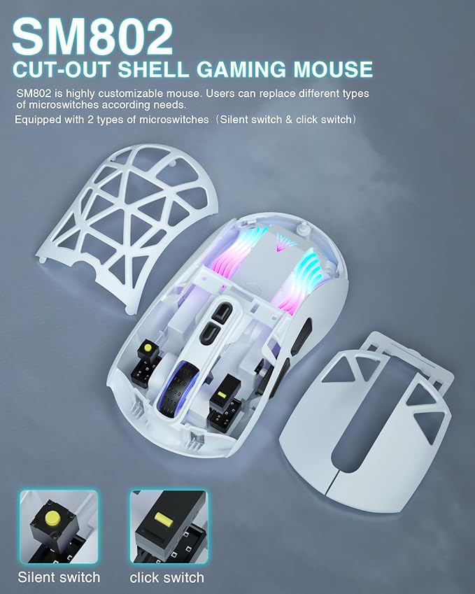 SM802 White Wireless Gaming Mouse,10000 DPI,Tri-Mode Wired/BT 5.0/2.4GHz Wireless Mouse Gaming with Side Button,RGB Programmable Macro Mouse for Laptop