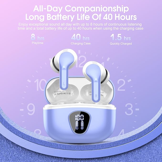 Wireless Earbuds, Bluetooth 5.4 Headphones HiFi Stereo, Bluetooth Earbuds with ENC Noise Cancelling Mic, IP7 Waterproof in Ear Earphones, 48H, LED Display Ear buds for Pad Workout Sports, White Purple